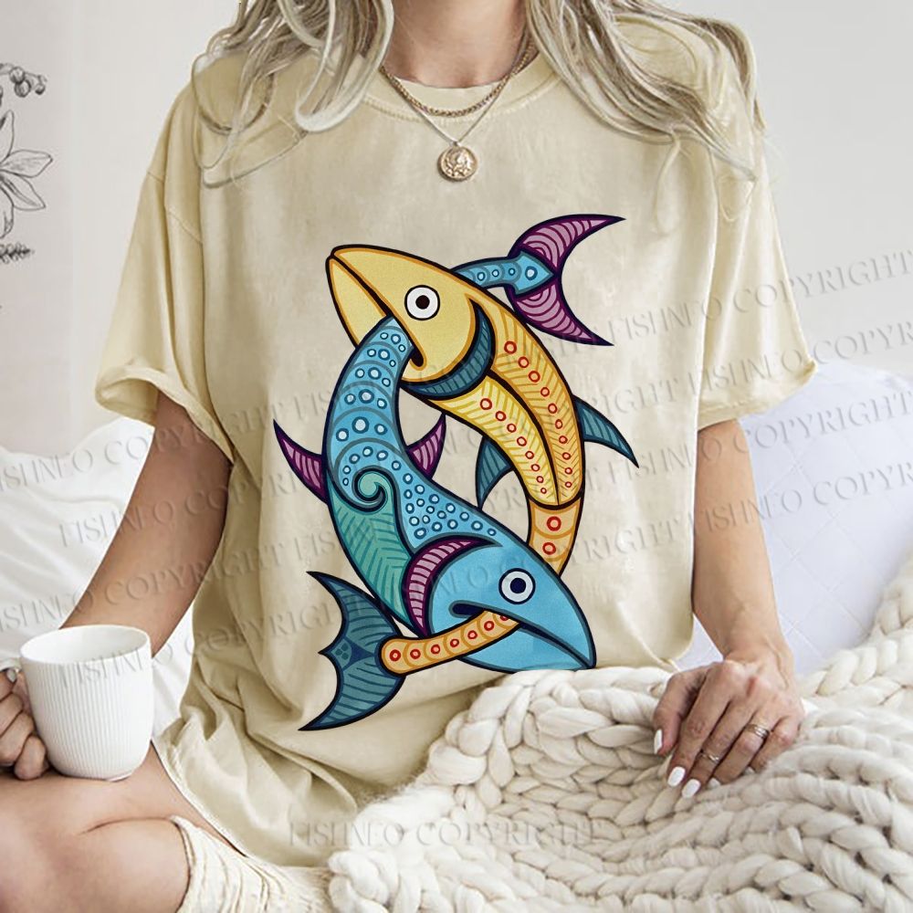 Unisex Vintage Fish Printed Washed Tee