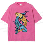 Unisex Vintage Fish Printed Washed Tee