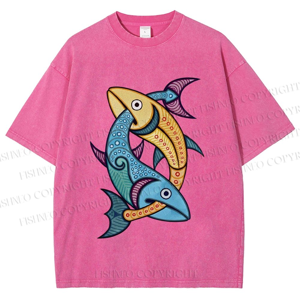 Unisex Vintage Fish Printed Washed Tee