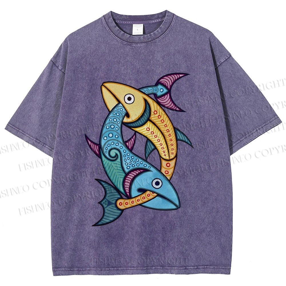 Unisex Vintage Fish Printed Washed Tee