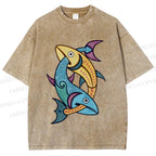 Unisex Vintage Fish Printed Washed Tee