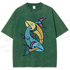 Unisex Vintage Fish Printed Washed Tee