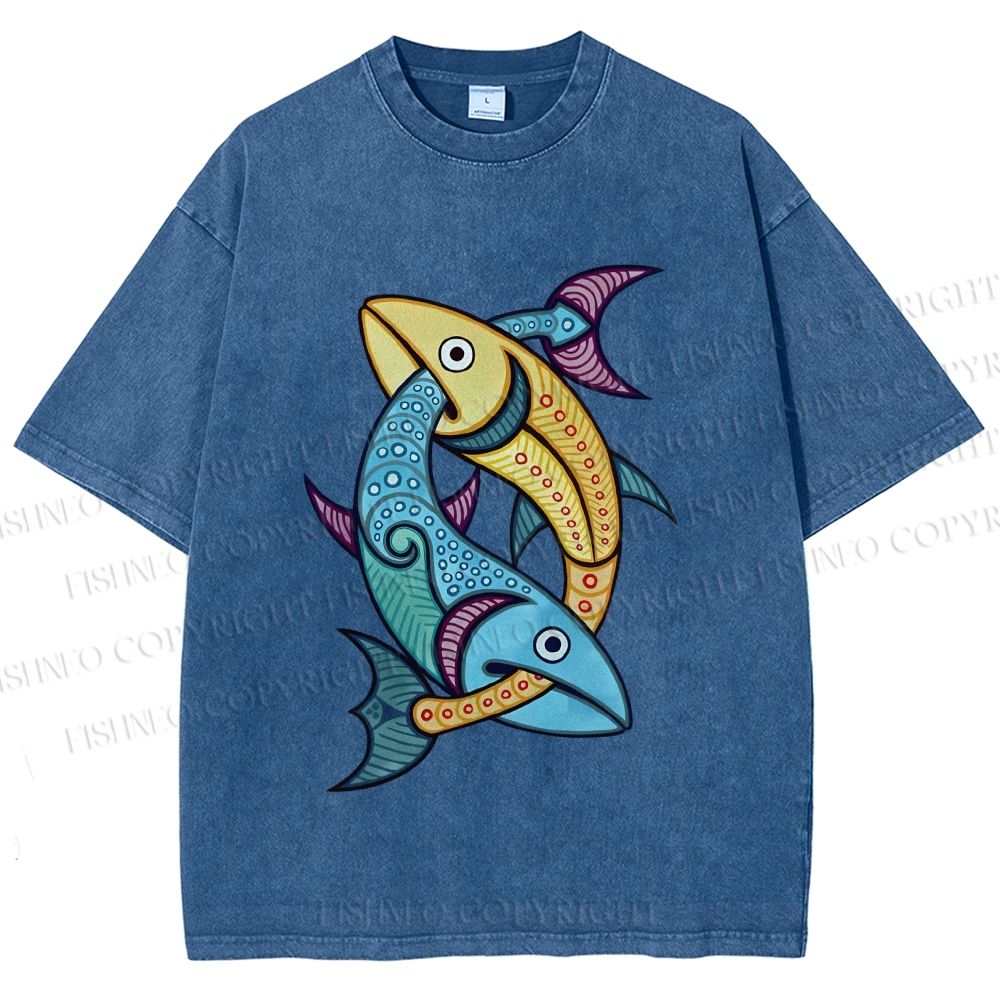 Unisex Vintage Fish Printed Washed Tee