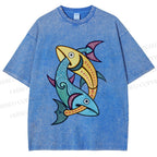 Unisex Vintage Fish Printed Washed Tee