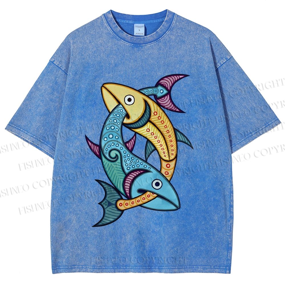 Unisex Vintage Fish Printed Washed Tee