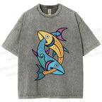 Unisex Vintage Fish Printed Washed Tee