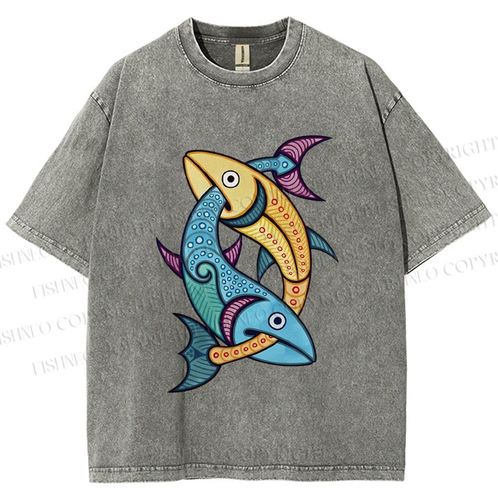 Unisex Vintage Fish Printed Washed Tee