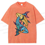 Unisex Vintage Fish Printed Washed Tee