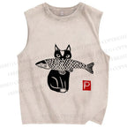 Unisex Vintage Cat Get Fish Printed Washed Tank Top