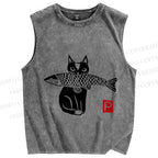 Unisex Vintage Cat Get Fish Printed Washed Tank Top
