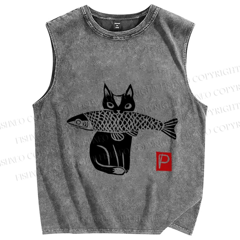 Unisex Vintage Cat Get Fish Printed Washed Tank Top