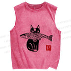 Unisex Vintage Cat Get Fish Printed Washed Tank Top