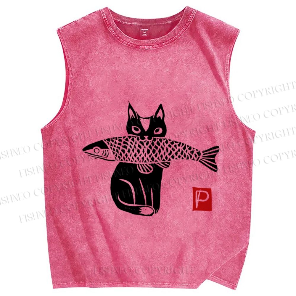Unisex Vintage Cat Get Fish Printed Washed Tank Top