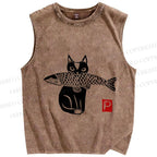 Unisex Vintage Cat Get Fish Printed Washed Tank Top