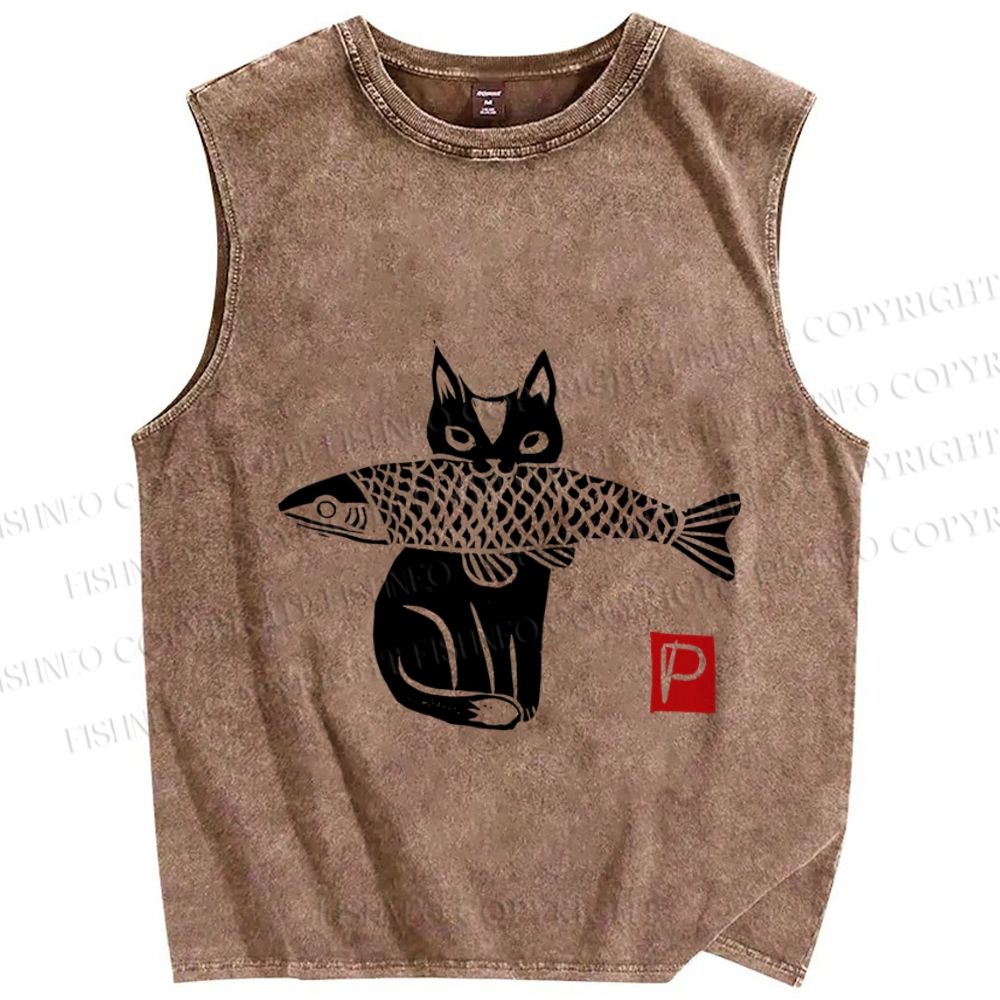Unisex Vintage Cat Get Fish Printed Washed Tank Top