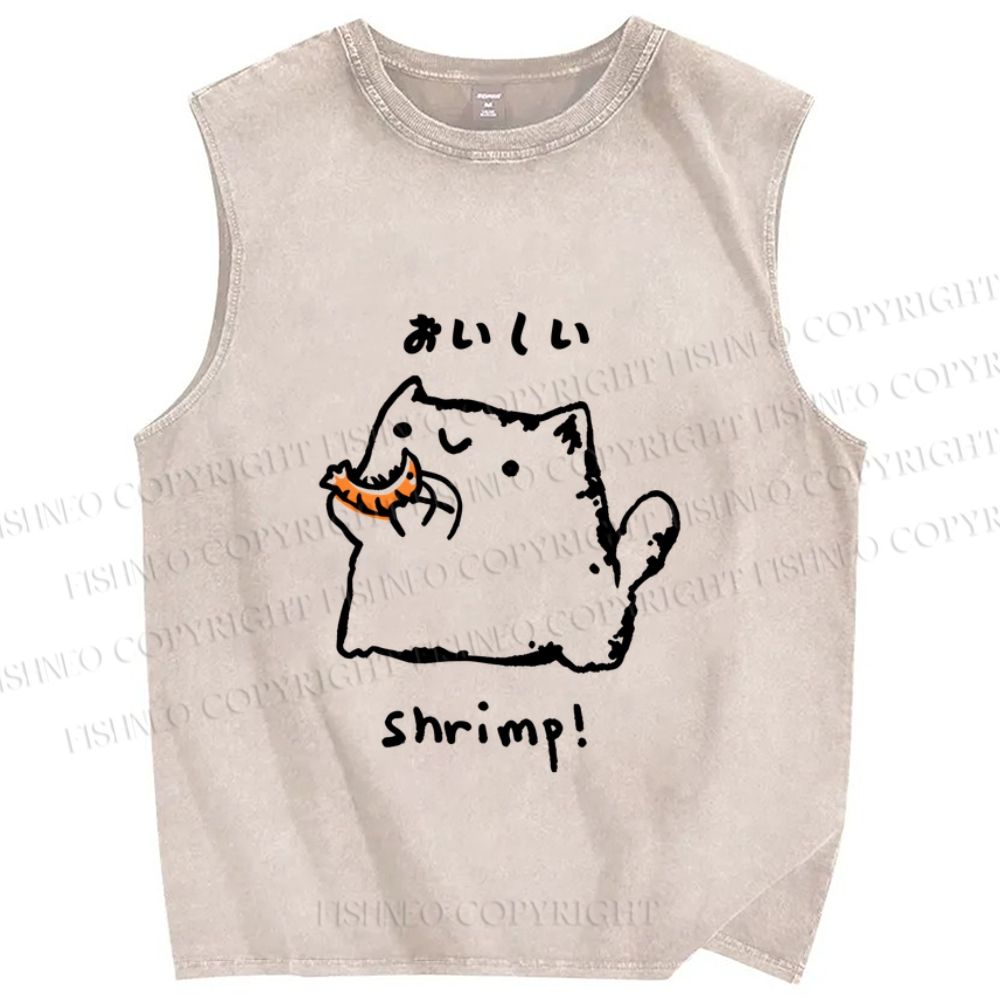 Unisex Delicious Shrimp Cat Printed Washed Tank Top