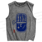 Unisex Vintage Sardine Fish Can Printed Washed Tank Top