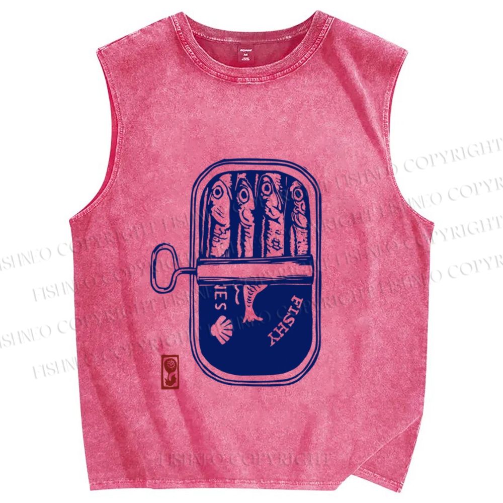 Unisex Vintage Sardine Fish Can Printed Washed Tank Top