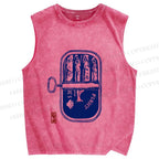 Unisex Vintage Sardine Fish Can Printed Washed Tank Top