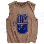 Unisex Vintage Sardine Fish Can Printed Washed Tank Top