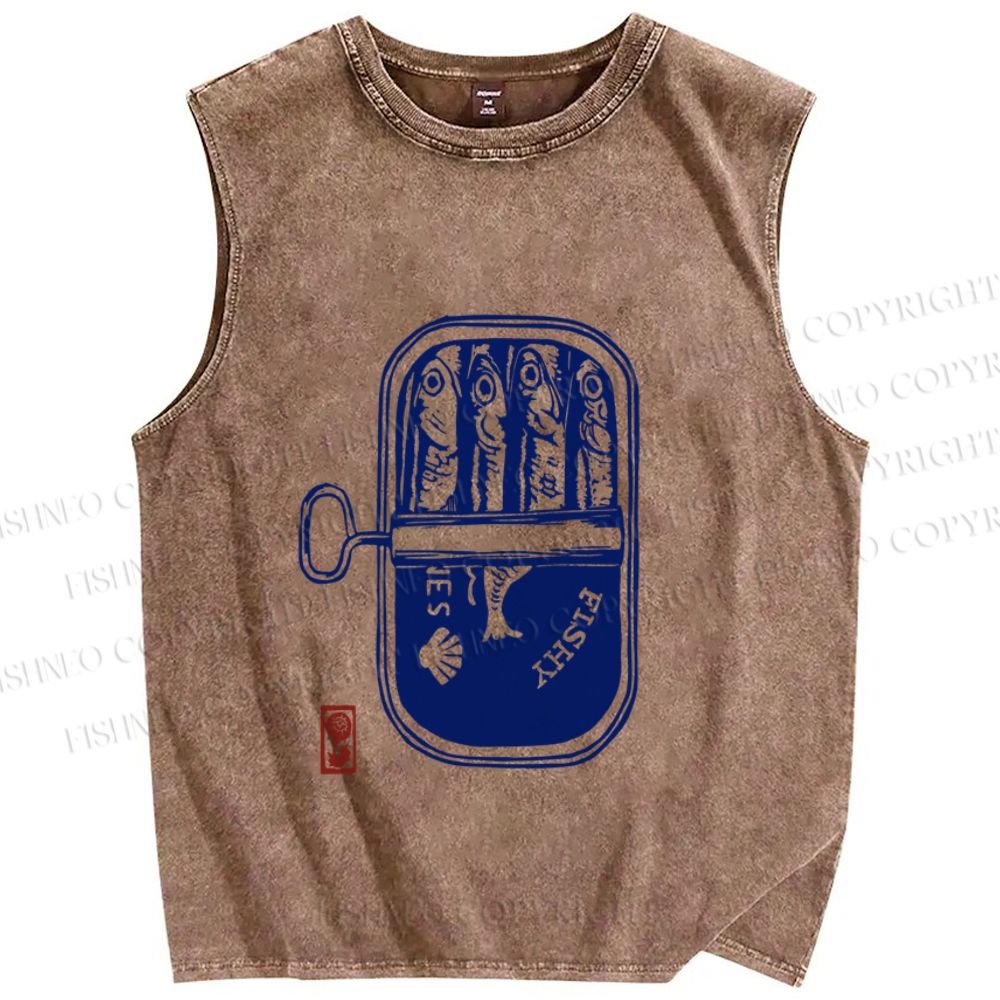 Unisex Vintage Sardine Fish Can Printed Washed Tank Top