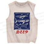 Unisex Vintage Shark Deep Sea Printed Washed Tank Top