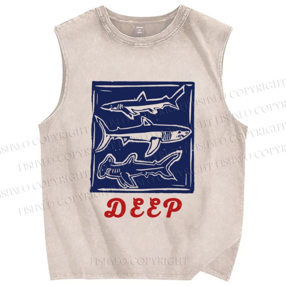 Unisex Vintage Shark Deep Sea Printed Washed Tank Top