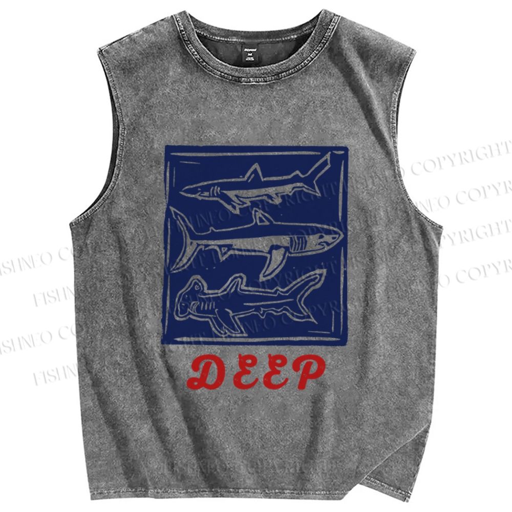 Unisex Vintage Shark Deep Sea Printed Washed Tank Top
