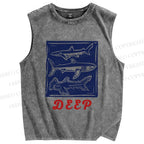 Unisex Vintage Shark Deep Sea Printed Washed Tank Top
