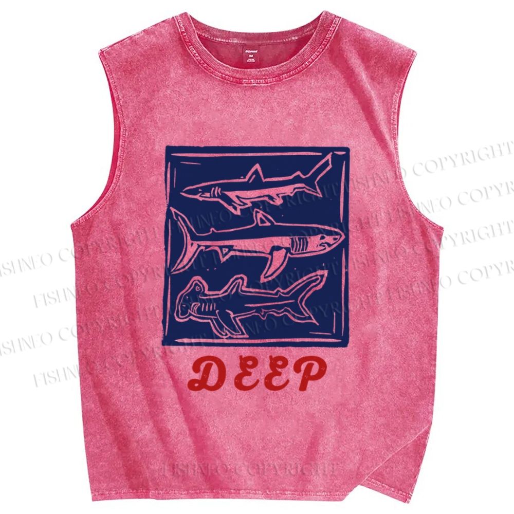 Unisex Vintage Shark Deep Sea Printed Washed Tank Top