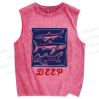 Unisex Vintage Shark Deep Sea Printed Washed Tank Top