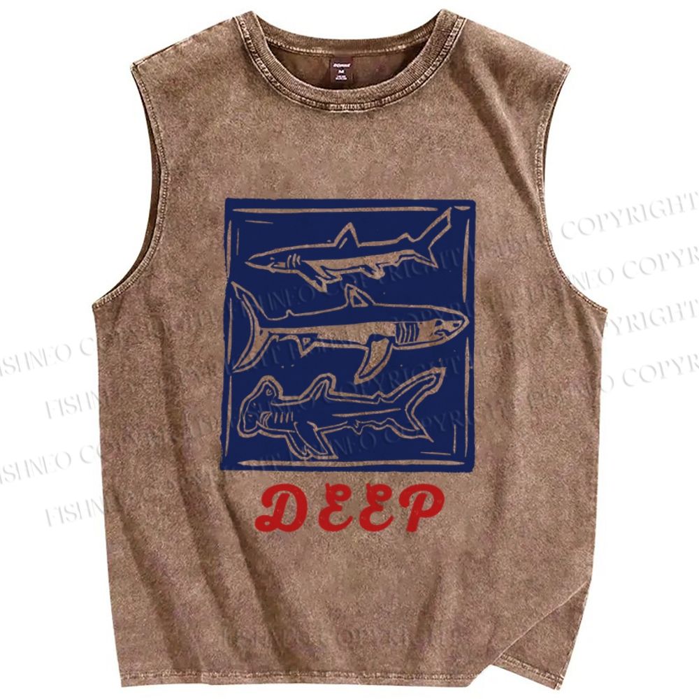 Unisex Vintage Shark Deep Sea Printed Washed Tank Top