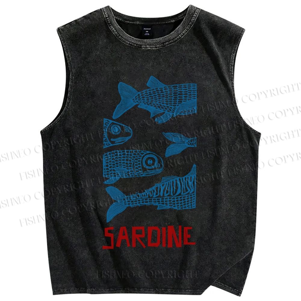 Unisex Vintage Sardine Fish Printed Washed Tank Top