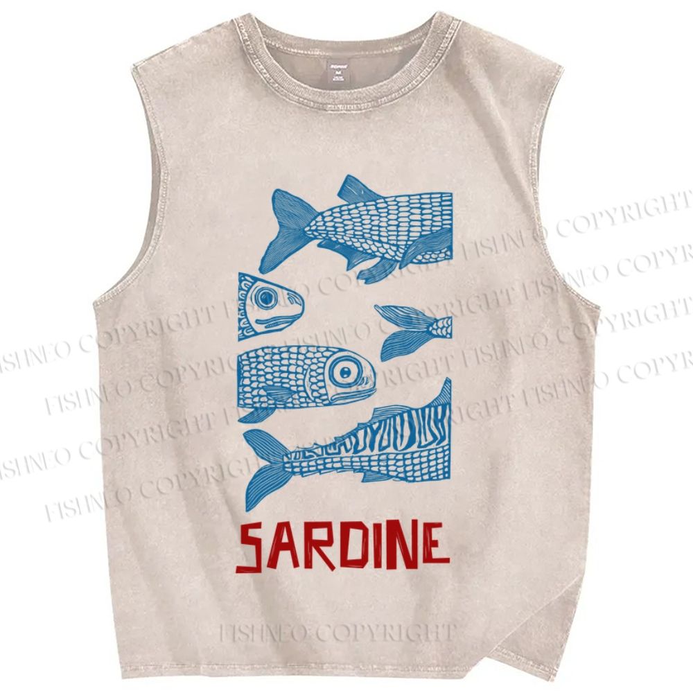 Unisex Vintage Sardine Fish Printed Washed Tank Top