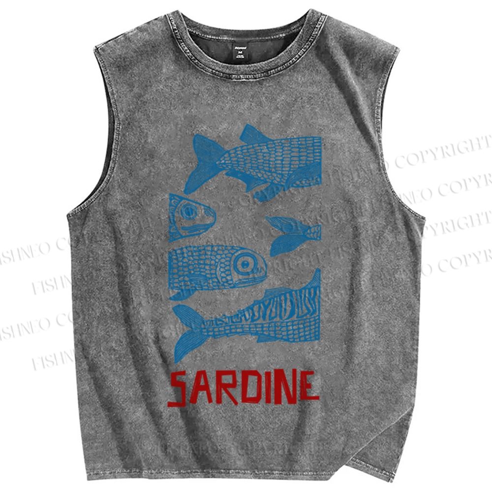 Unisex Vintage Sardine Fish Printed Washed Tank Top