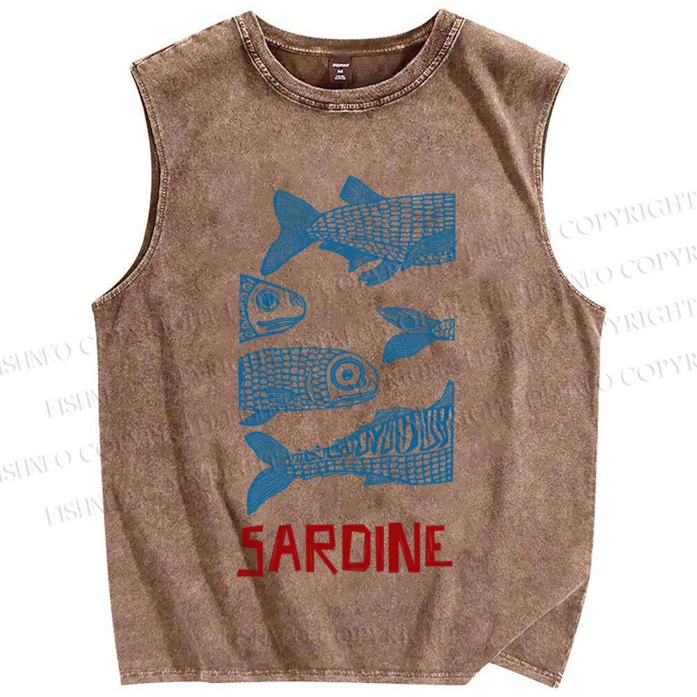 Unisex Vintage Sardine Fish Printed Washed Tank Top