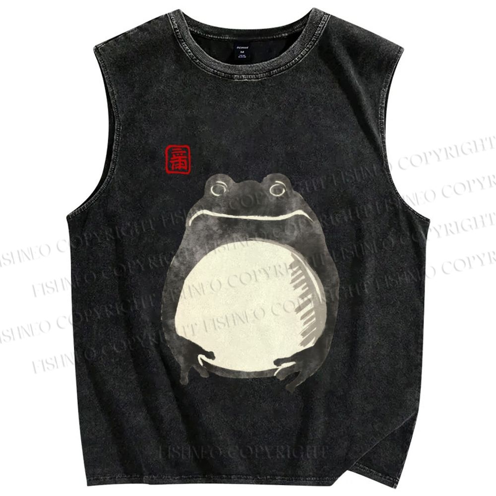 Unisex Vintage Frog Big Belly Printed Washed Tank Top