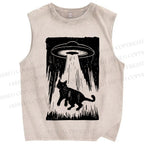 Unisex Cat Japanese Style Printed Washed Tank Top