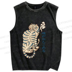 Unisex Japanese Tiger Smoking Printed Washed Tank Top