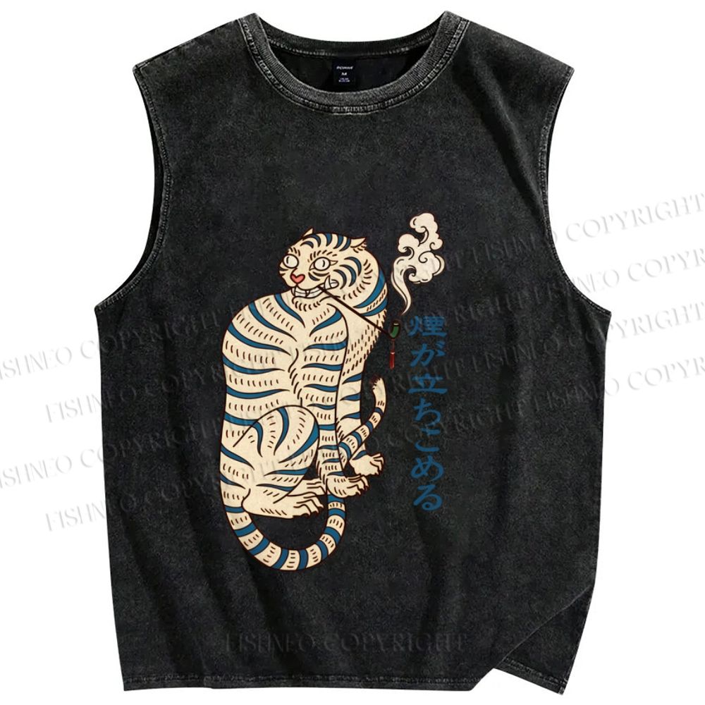 Unisex Japanese Tiger Smoking Printed Washed Tank Top