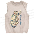 Unisex Japanese Tiger Smoking Printed Washed Tank Top