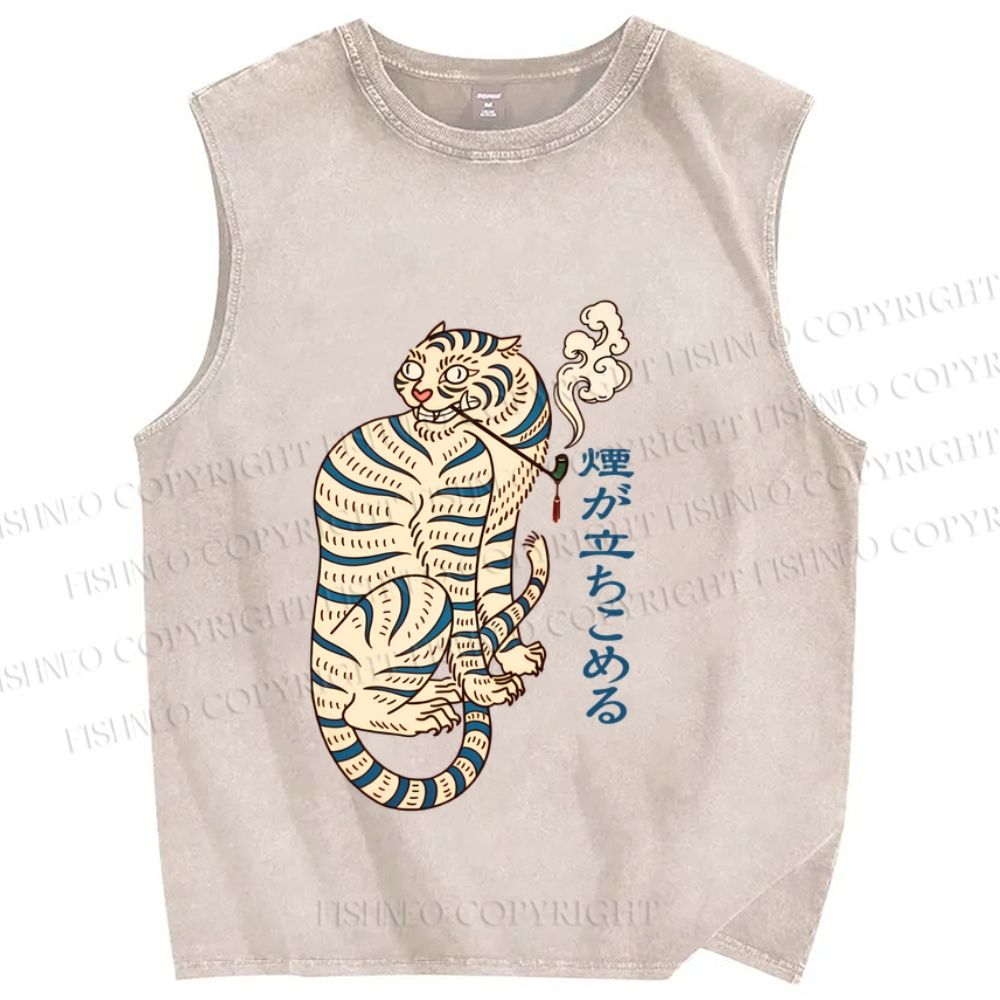Unisex Japanese Tiger Smoking Printed Washed Tank Top