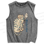 Unisex Japanese Tiger Smoking Printed Washed Tank Top