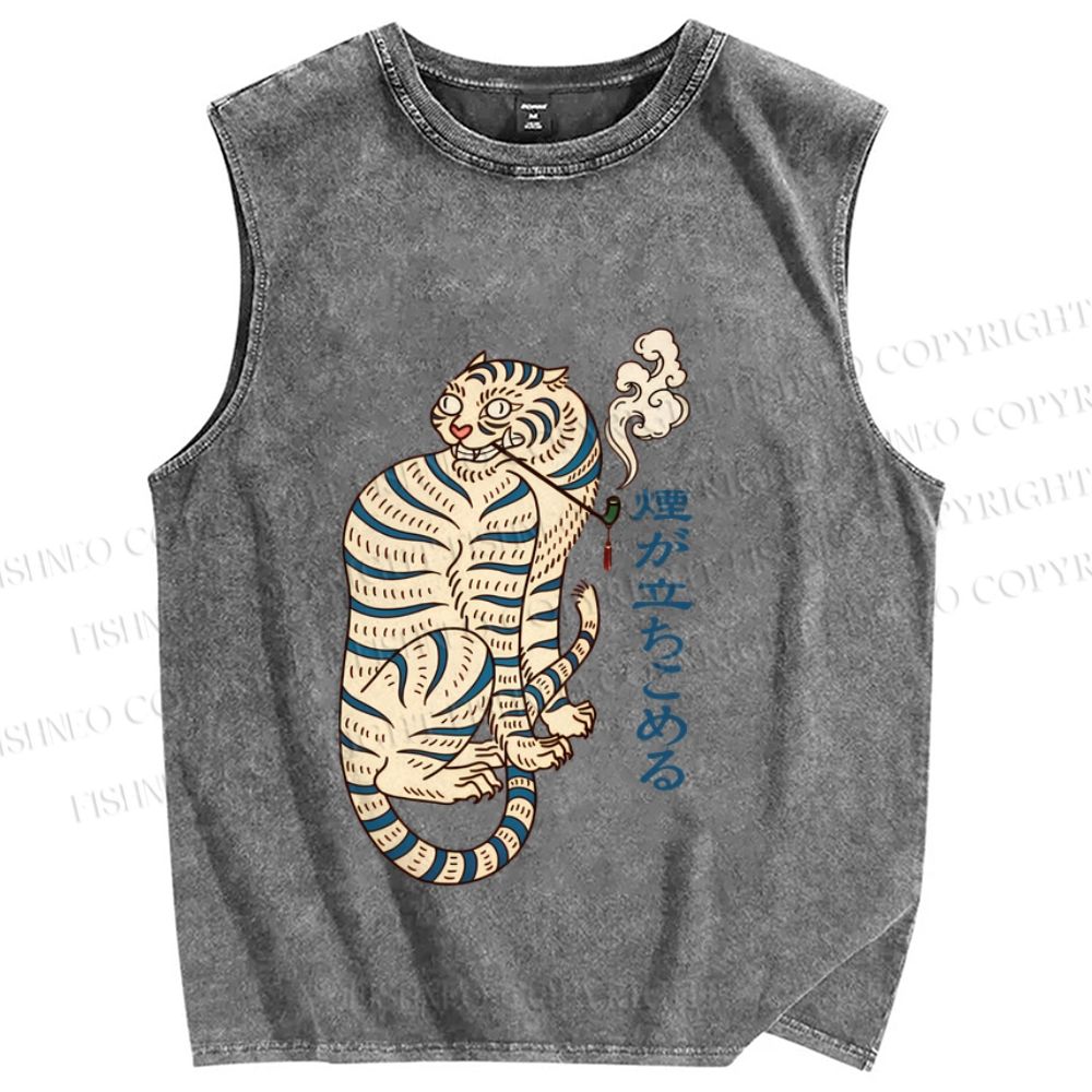 Unisex Japanese Tiger Smoking Printed Washed Tank Top
