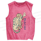 Unisex Japanese Tiger Smoking Printed Washed Tank Top