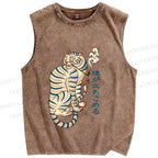 Unisex Japanese Tiger Smoking Printed Washed Tank Top