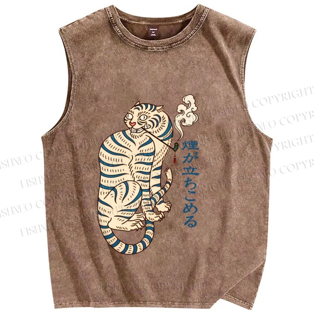 Unisex Japanese Tiger Smoking Printed Washed Tank Top
