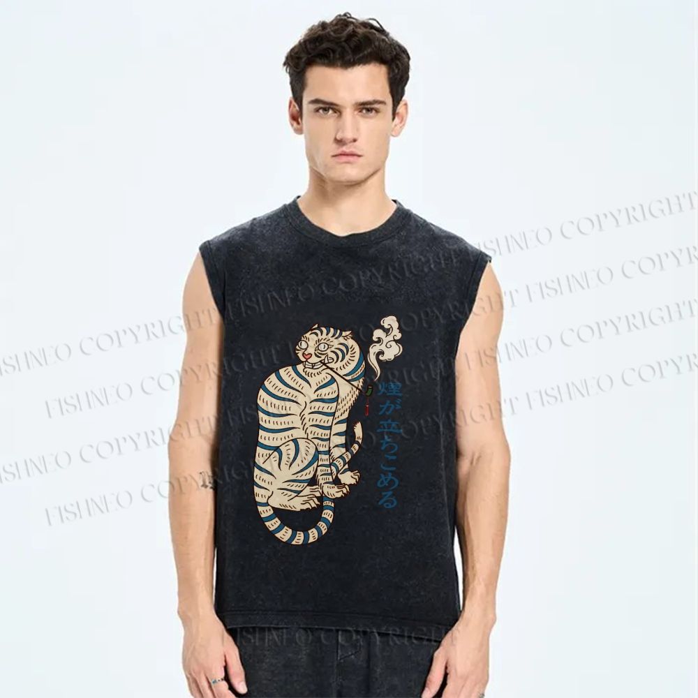 Unisex Japanese Tiger Smoking Printed Washed Tank Top