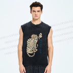 Unisex Japanese Tiger Smoking Printed Washed Tank Top
