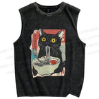Unisex Cute Cat Eating Ramen Printed Washed Tank Top